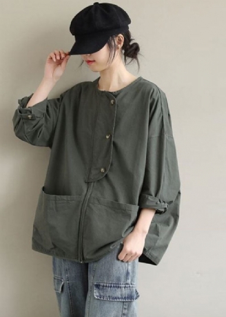 Kvinder Army Green Zip Up Lommer Bomuld Coat Spring