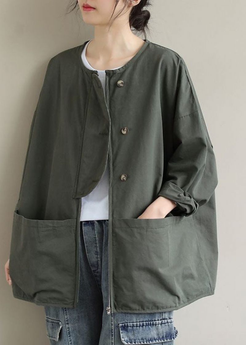 Kvinder Army Green Zip Up Lommer Bomuld Coat Spring - Army Grøn