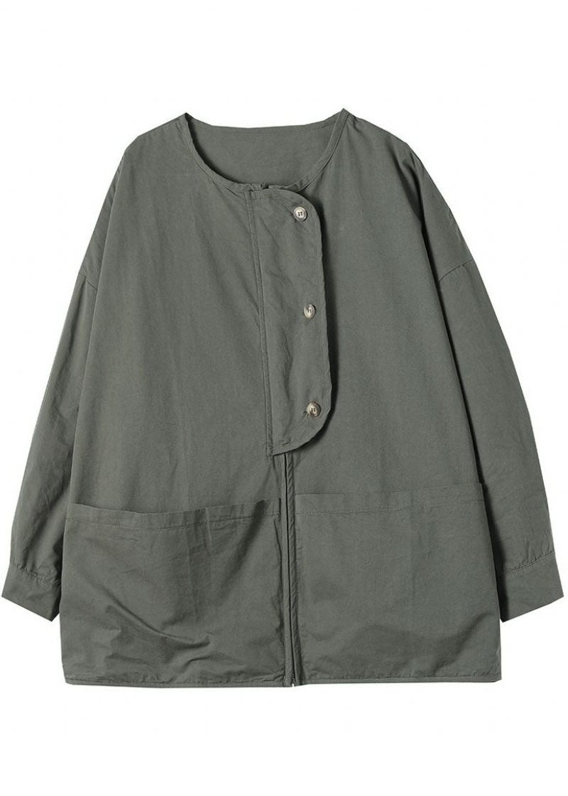 Kvinder Army Green Zip Up Lommer Bomuld Coat Spring - Army Grøn