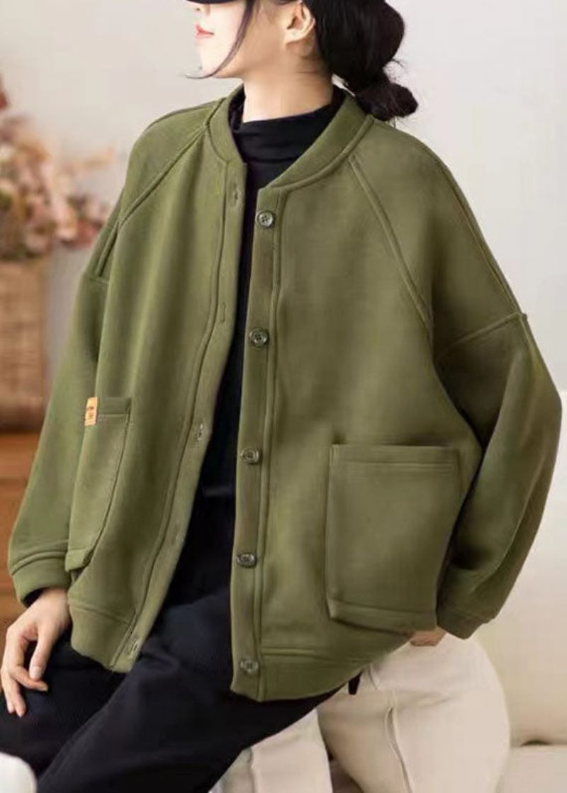 Kvinder Army Grøn O-hals Lommer Patchwork Fleece Frakke Vinter - Army Grøn