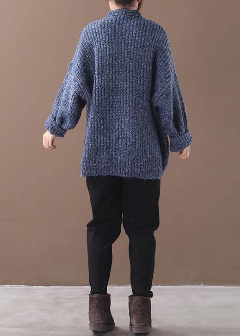 Kvinder Blå Sweater Bluse Reverskrave Oversize Patchwork Trøjer - Blå