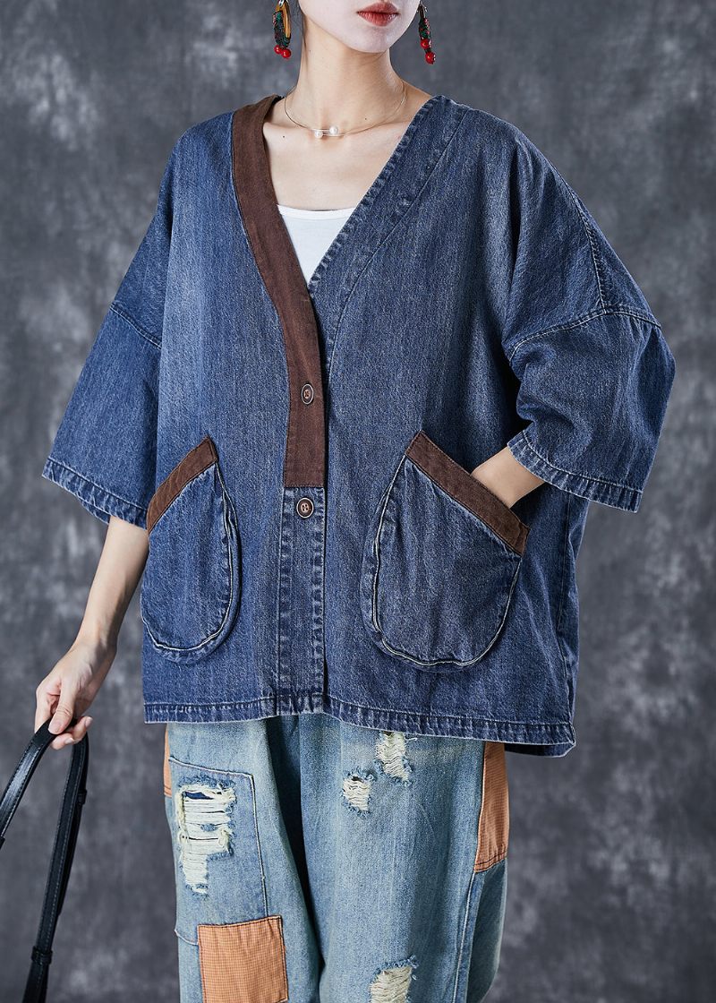 Kvinder Blå V-hals Patchwork Lommer Denim Frakker Sommer