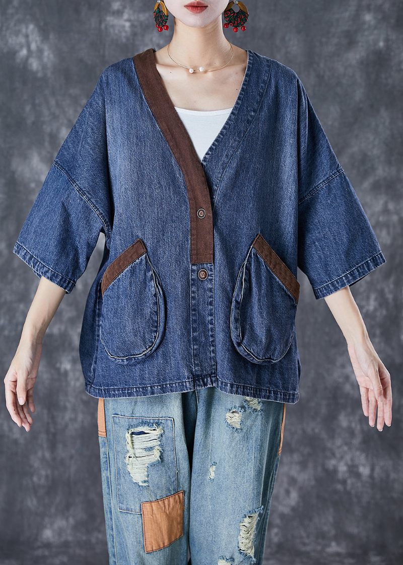 Kvinder Blå V-hals Patchwork Lommer Denim Frakker Sommer - Dame vinterfrakker