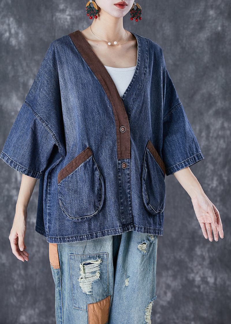 Kvinder Blå V-hals Patchwork Lommer Denim Frakker Sommer - Dame vinterfrakker