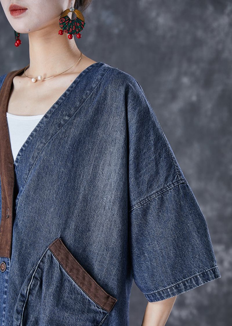 Kvinder Blå V-hals Patchwork Lommer Denim Frakker Sommer - Dame vinterfrakker