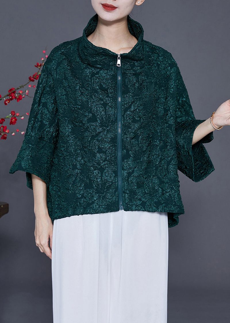 Kvinder Blackish Green Oversized Jacquard Cotton Coat Armbåndsærme