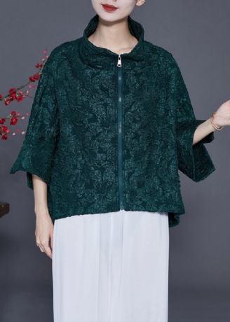 Kvinder Blackish Green Oversized Jacquard Cotton Coat Armbåndsærme