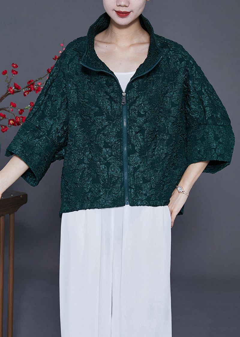 Kvinder Blackish Green Oversized Jacquard Cotton Coat Armbåndsærme - Dame vinterfrakker