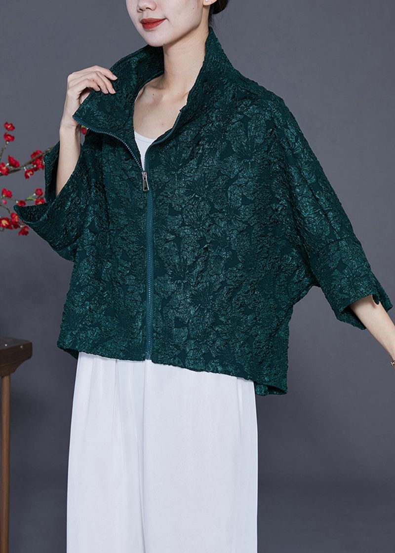 Kvinder Blackish Green Oversized Jacquard Cotton Coat Armbåndsærme - Dame vinterfrakker