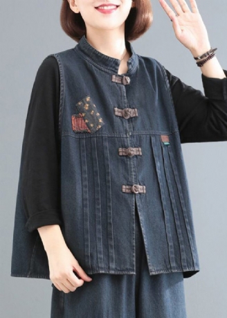 Kvinder Blue Stand Collar Patchwork Denim Coat Ærmeløs