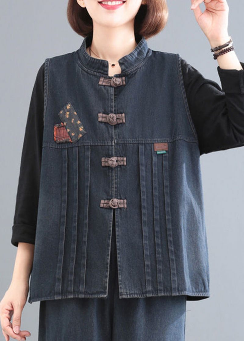 Kvinder Blue Stand Collar Patchwork Denim Coat Ærmeløs - Blå