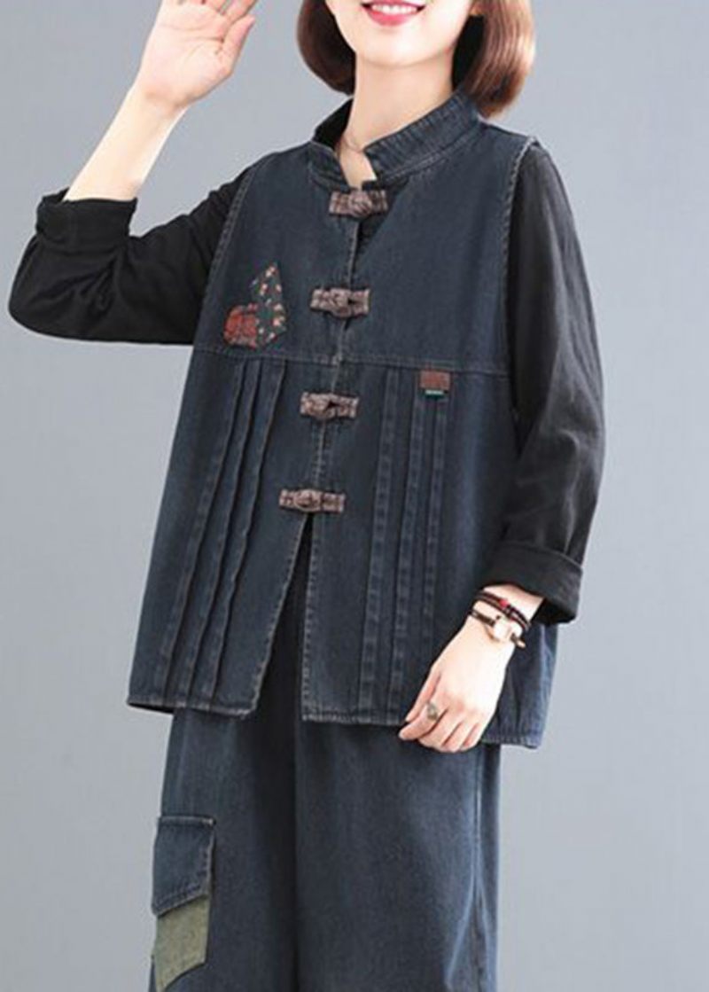 Kvinder Blue Stand Collar Patchwork Denim Coat Ærmeløs - Blå