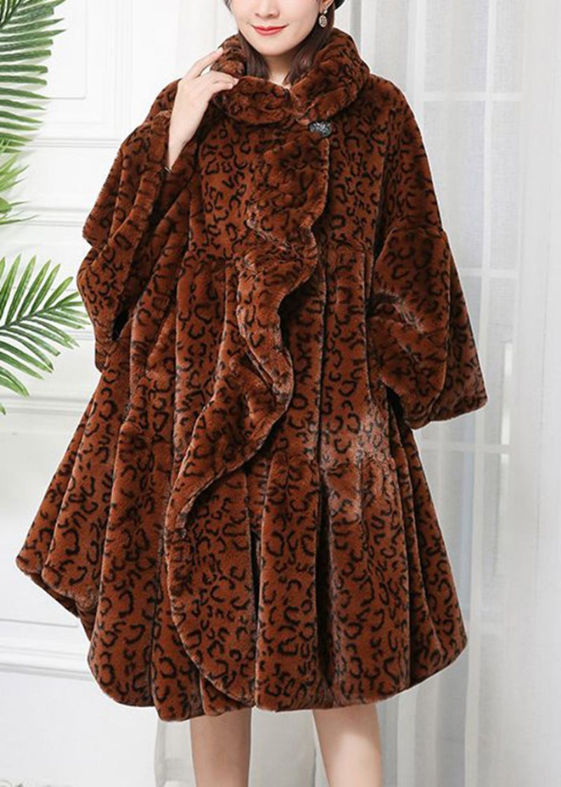 Kvinder Caramel Oversized Leopard Print Fuzzy Fur Fluffy Jakker Vinter