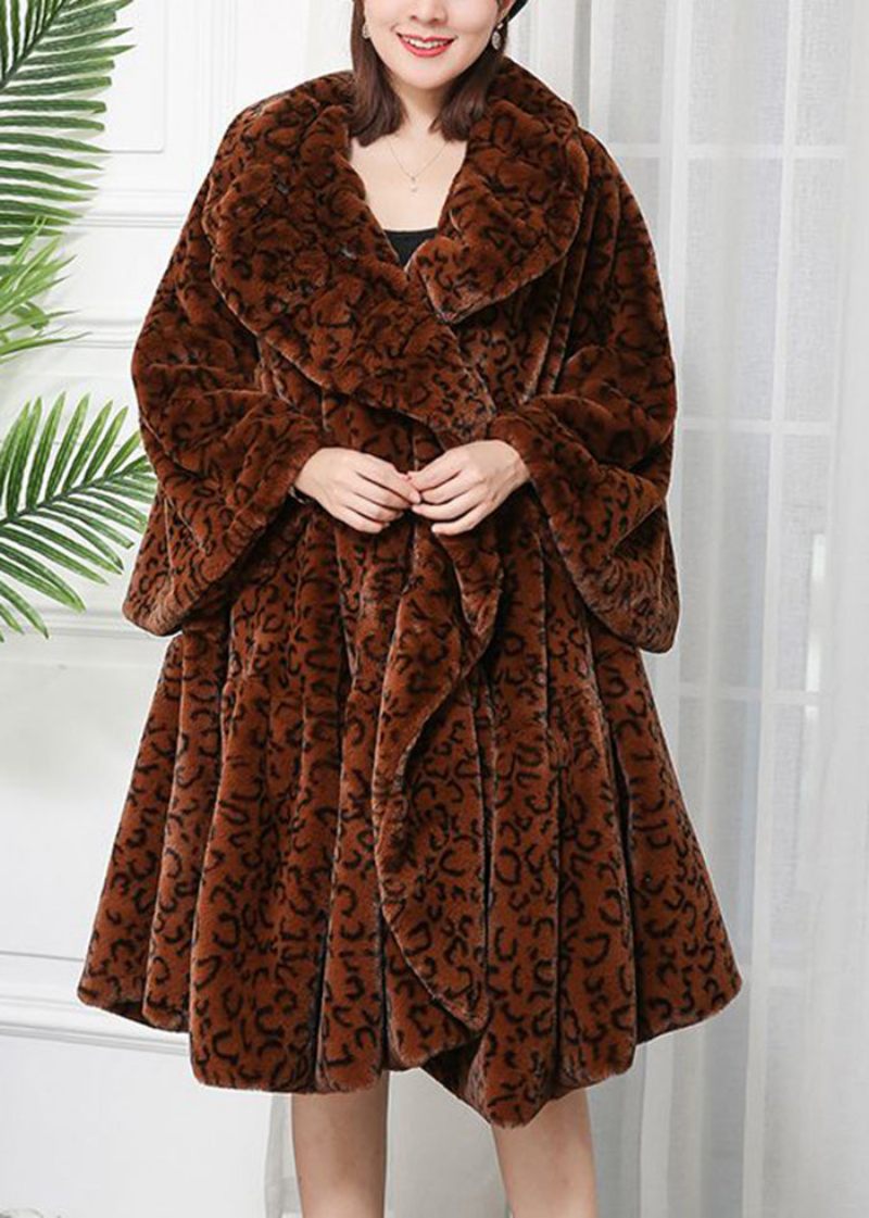 Kvinder Caramel Oversized Leopard Print Fuzzy Fur Fluffy Jakker Vinter - Dame vinterfrakker