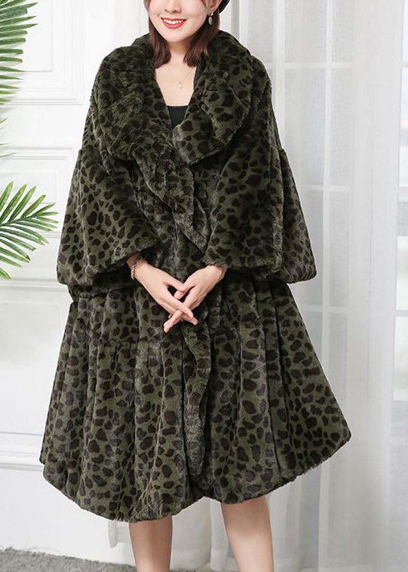 Kvinder Caramel Oversized Leopard Print Fuzzy Fur Fluffy Jakker Vinter - Dame vinterfrakker