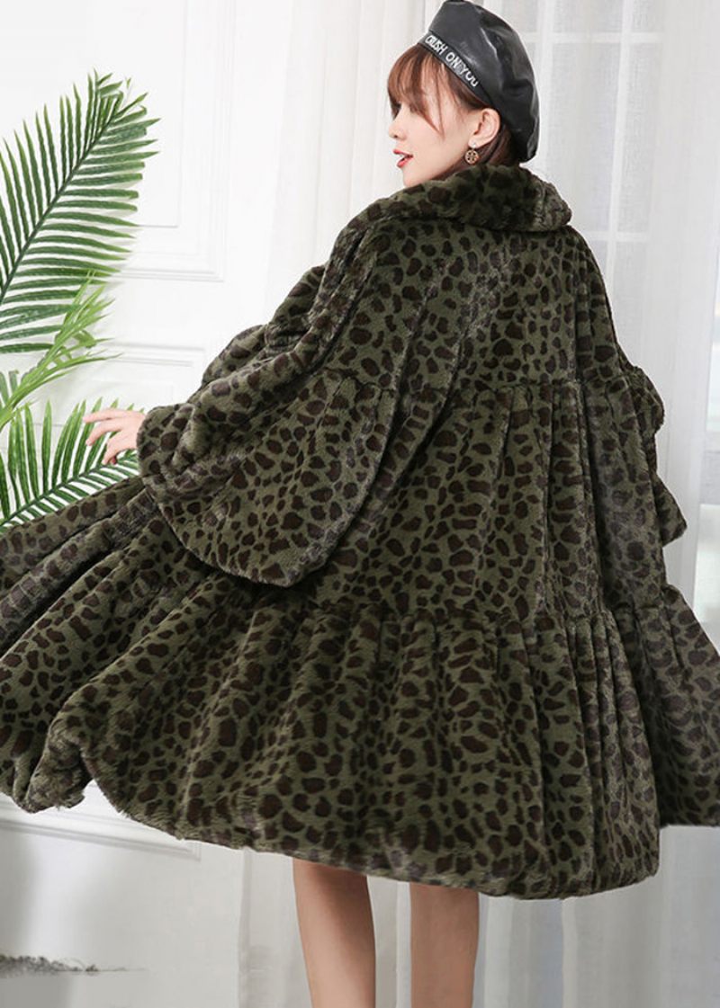 Kvinder Caramel Oversized Leopard Print Fuzzy Fur Fluffy Jakker Vinter - Dame vinterfrakker