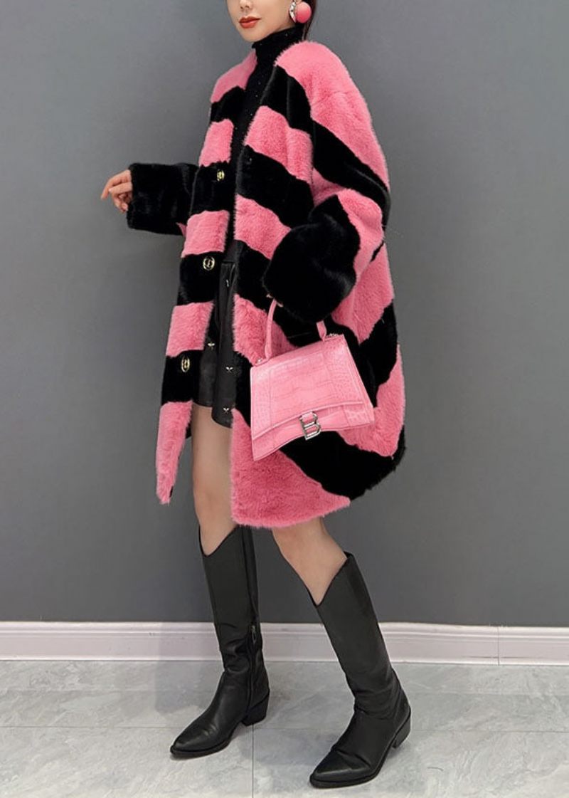 Kvinder Colorblock V-hals Stribet Tyk Mink Velvet Coat Vinter - Dame vinterfrakker