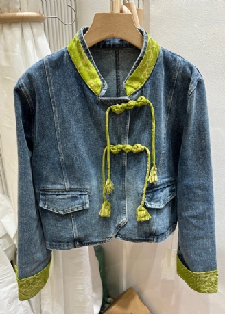 Kvinder Grøn Stand Krave Kinesisk Button Denim Coat Spring