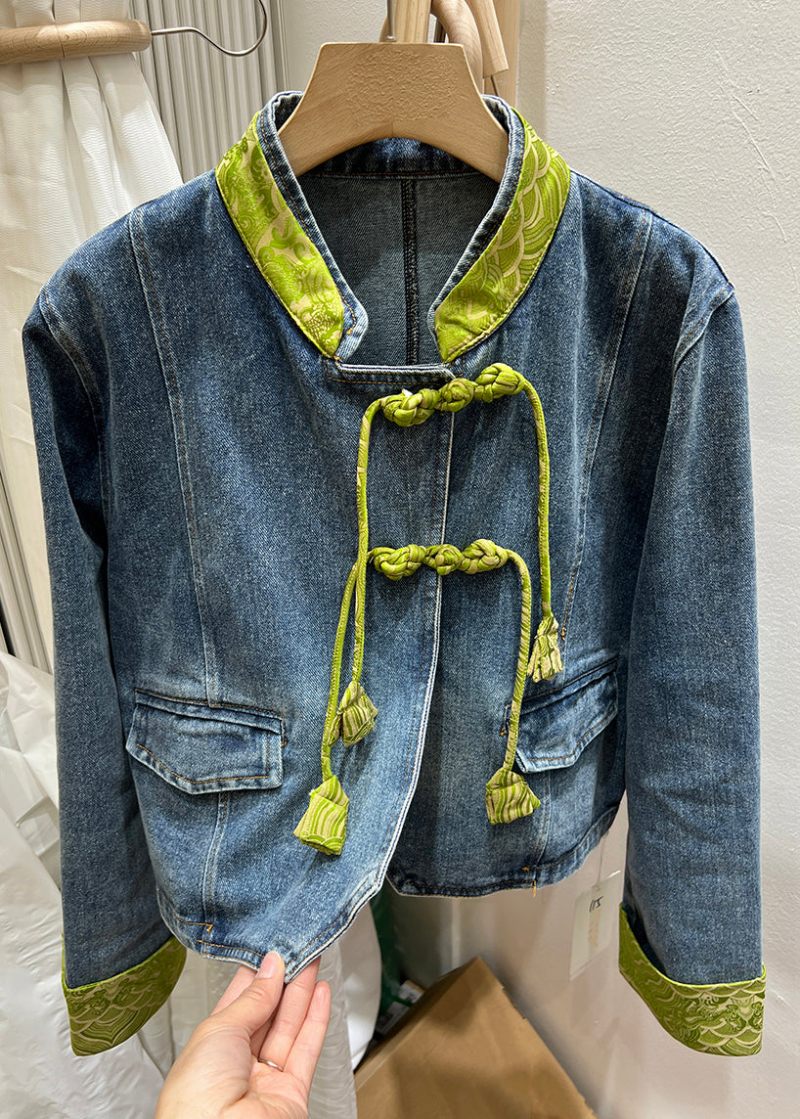 Kvinder Grøn Stand Krave Kinesisk Button Denim Coat Spring - Dame vinterfrakker