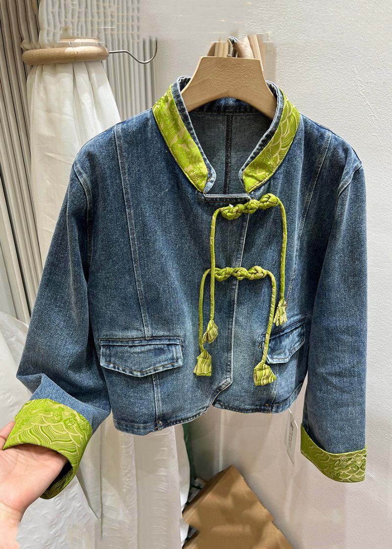 Kvinder Grøn Stand Krave Kinesisk Button Denim Coat Spring - Dame vinterfrakker