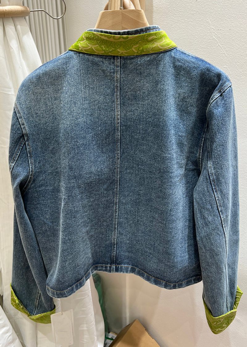 Kvinder Grøn Stand Krave Kinesisk Button Denim Coat Spring - Dame vinterfrakker