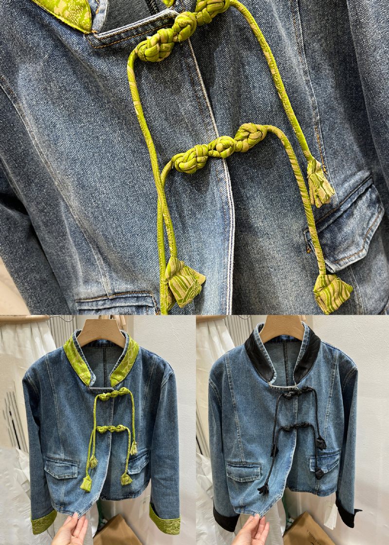 Kvinder Grøn Stand Krave Kinesisk Button Denim Coat Spring - Dame vinterfrakker