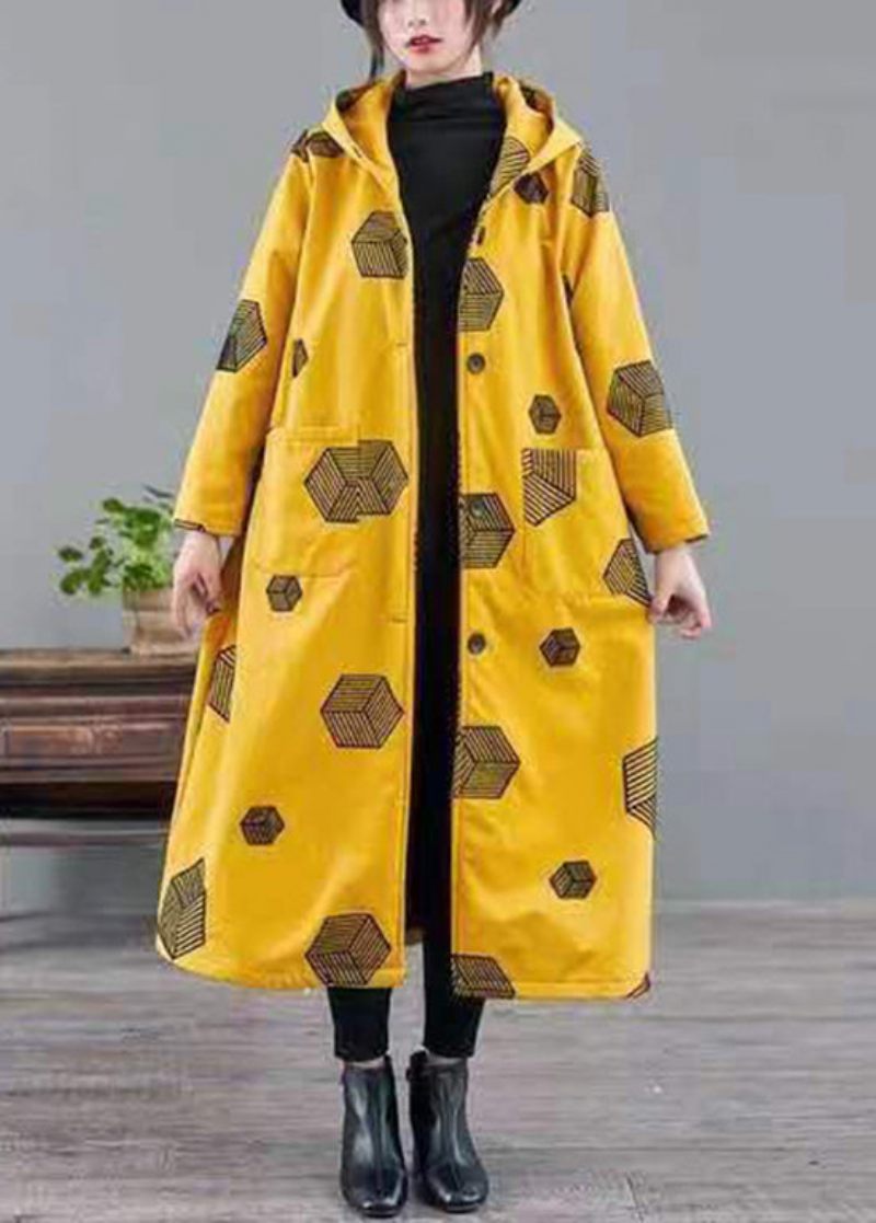 Kvinder Gul Hooded Lommer Print Varm Fleece Coat Vinter - Dame vinterfrakker