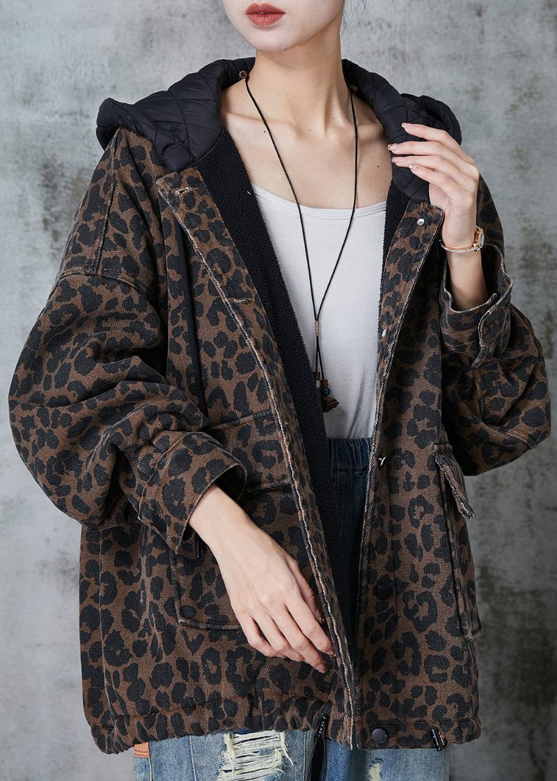 Kvinder Kaffe Hætte Leopard Print Varm Fleece Coat Spring