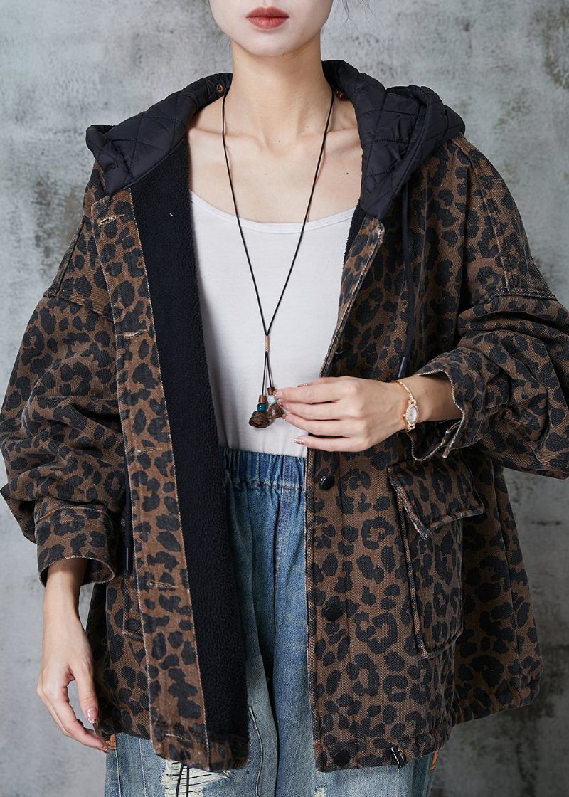 Kvinder Kaffe Hætte Leopard Print Varm Fleece Coat Spring - Dame vinterfrakker