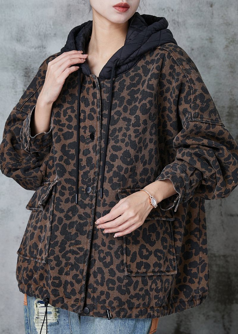 Kvinder Kaffe Hætte Leopard Print Varm Fleece Coat Spring - Dame vinterfrakker