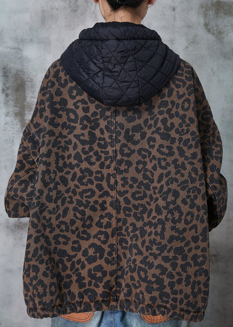 Kvinder Kaffe Hætte Leopard Print Varm Fleece Coat Spring - Dame vinterfrakker