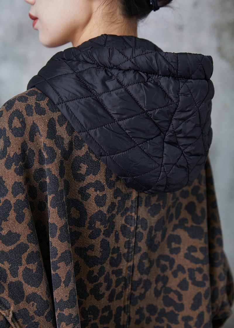 Kvinder Kaffe Hætte Leopard Print Varm Fleece Coat Spring - Dame vinterfrakker