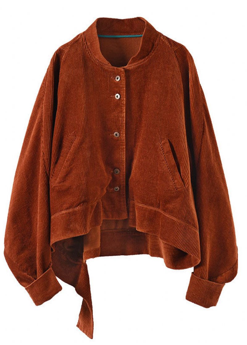 Kvinder Karamellommer Knap Asymmetrisk Design Fall Corduroy Coat - Karamel