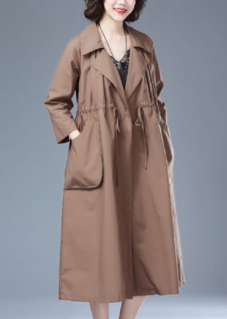 Kvinder Khaki Lommer Snøring Patchwork Bomuld Lang Trench Coat Armbånd Ærme