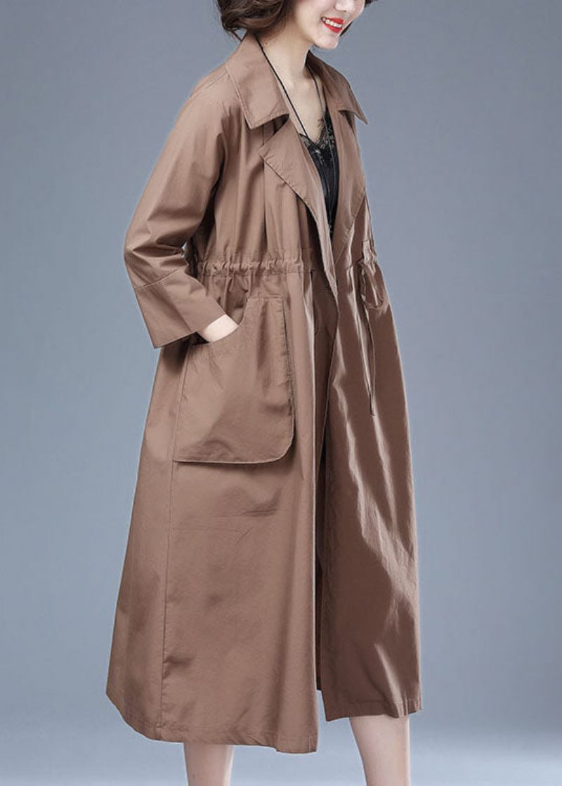 Kvinder Khaki Lommer Snøring Patchwork Bomuld Lang Trench Coat Armbånd Ærme - Dame vinterfrakker