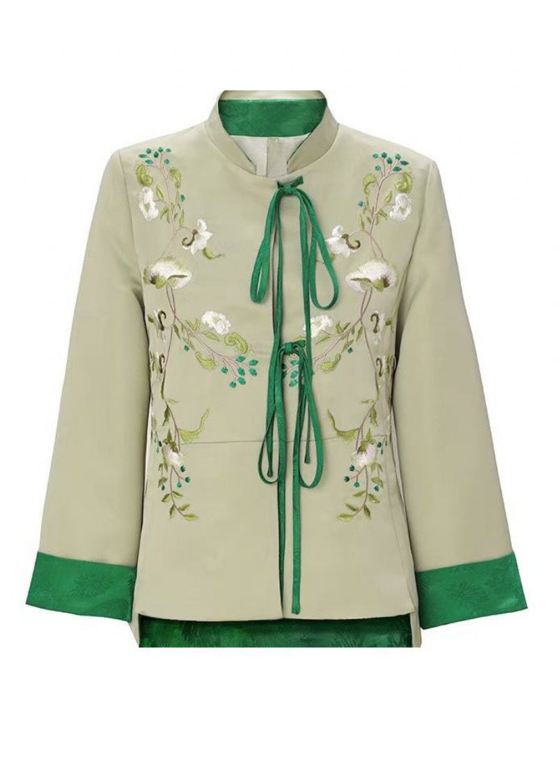 Kvinder Lysegrøn Broderet Lace Up Silk Coat Spring - Dame vinterfrakker