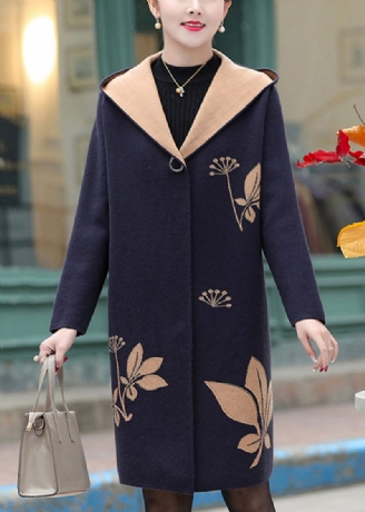 Kvinder Navy Jacquard Zircon Hooded Woolen Coat Spring