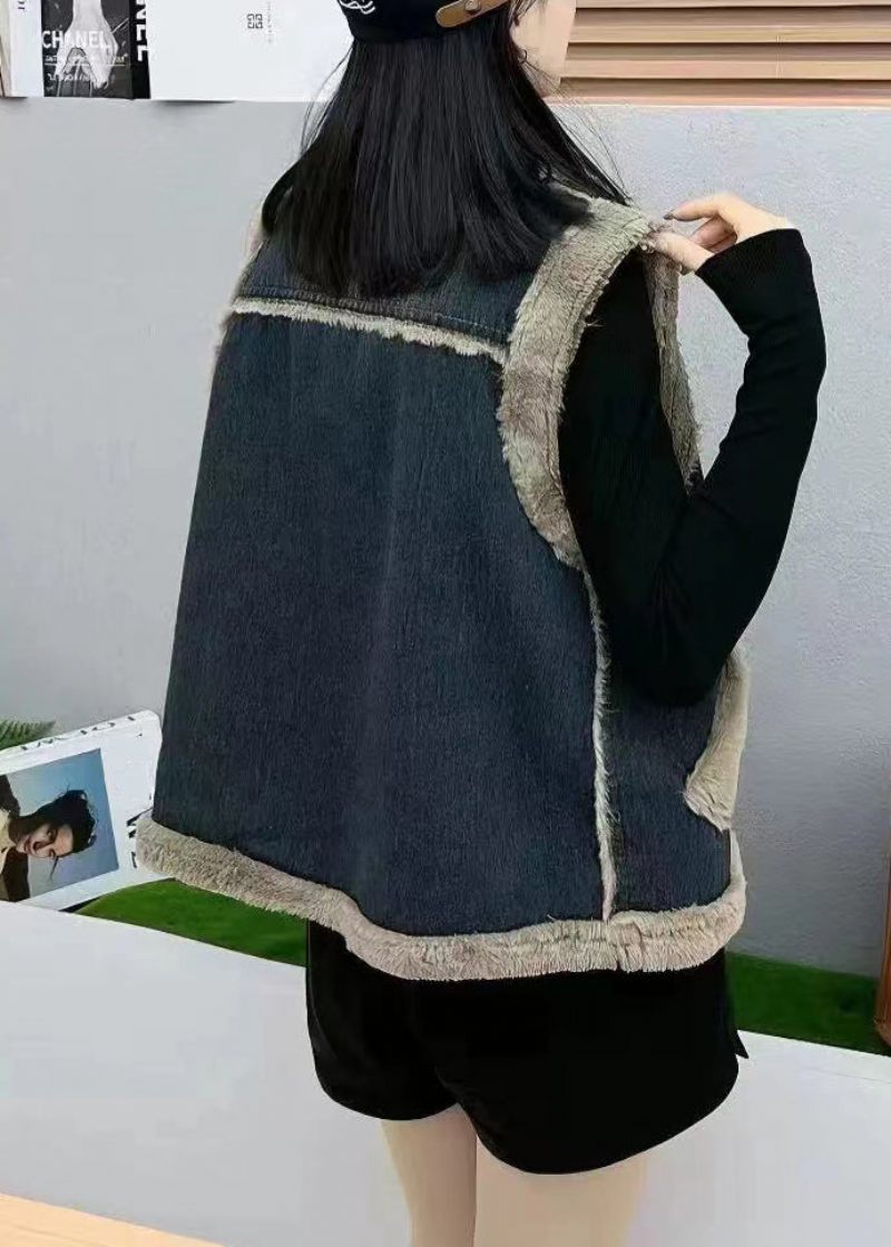 Kvinder Navy Knaplommer Patchwork Tyk Denimvest Ærmeløs - Dame vinterfrakker