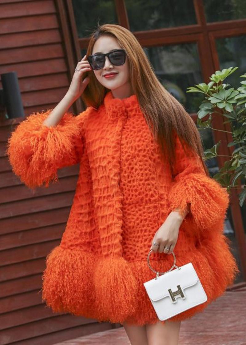 Kvinder Orange Fluffy Patchwork Uldfrakke Vinter