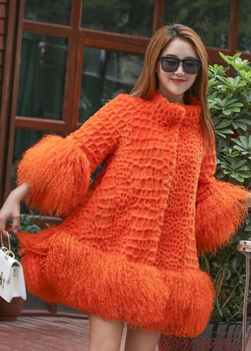 Kvinder Orange Fluffy Patchwork Uldfrakke Vinter - Dame vinterfrakker