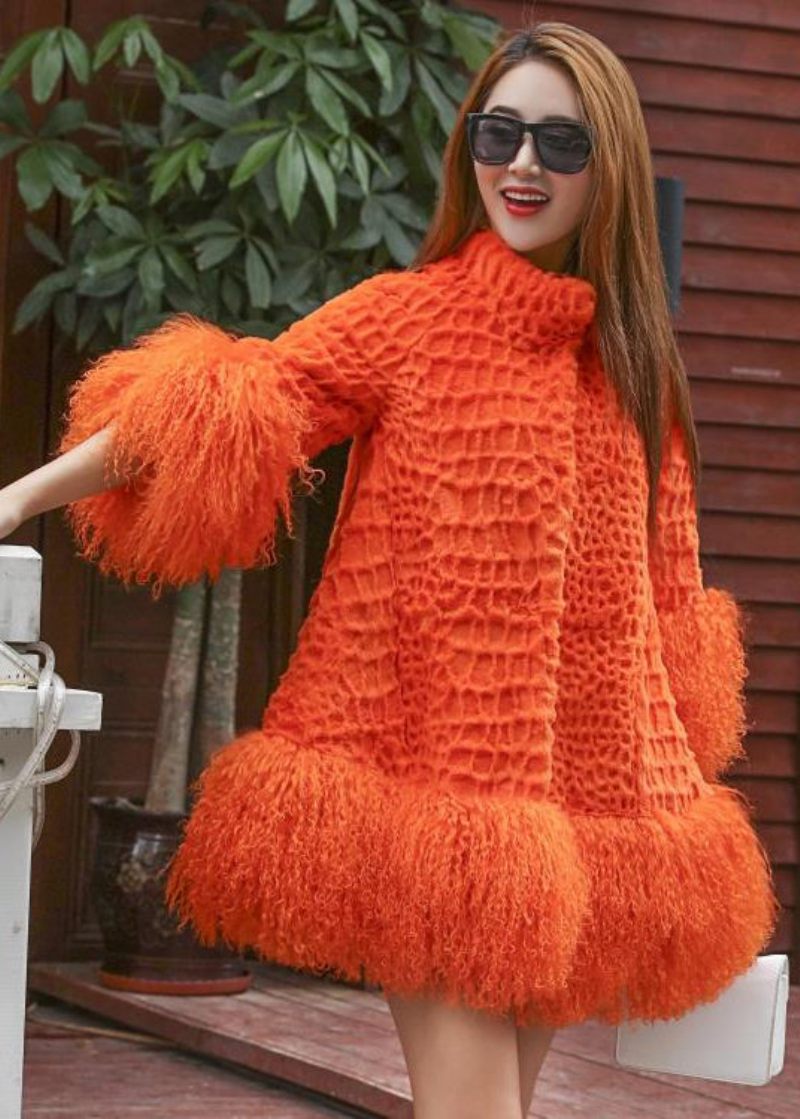 Kvinder Orange Fluffy Patchwork Uldfrakke Vinter - Dame vinterfrakker