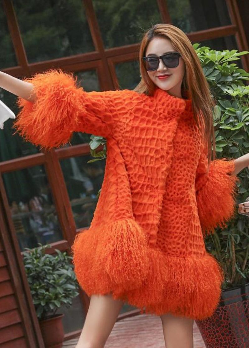 Kvinder Orange Fluffy Patchwork Uldfrakke Vinter - Dame vinterfrakker