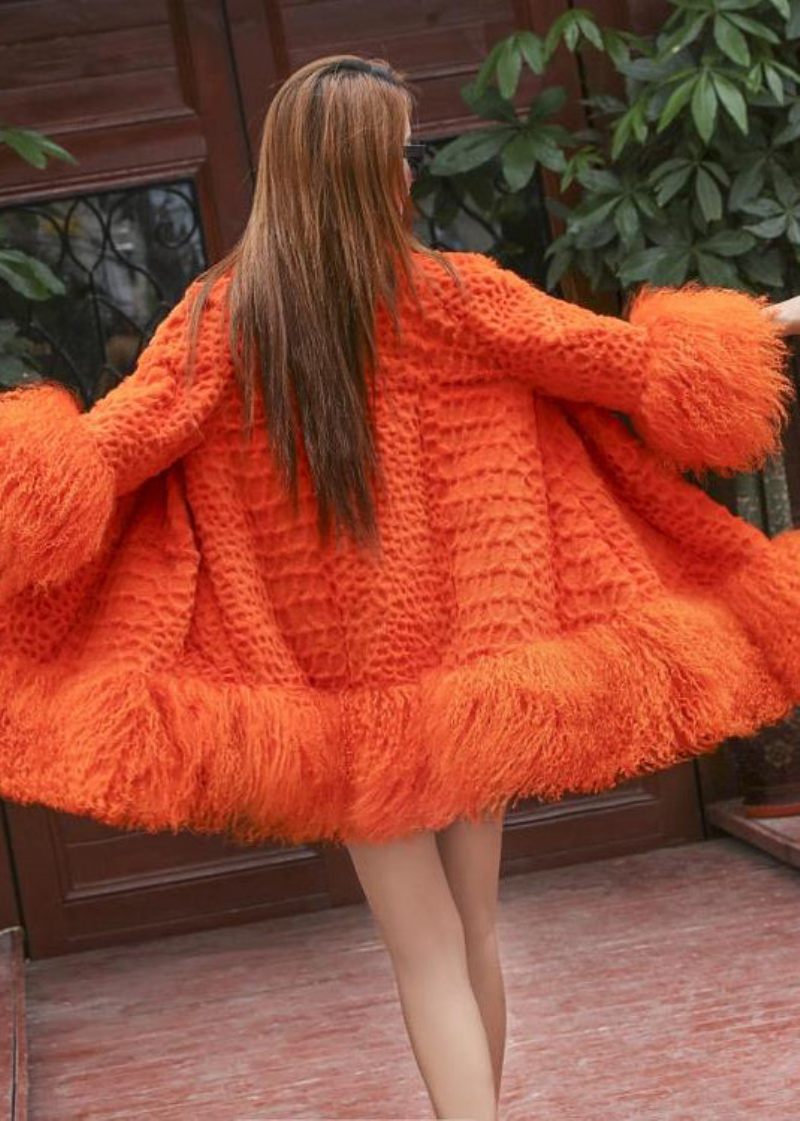 Kvinder Orange Fluffy Patchwork Uldfrakke Vinter - Dame vinterfrakker