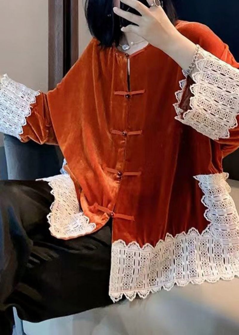 Kvinder Orange Lace Patchwork Silke Velour Frakker Langærmet