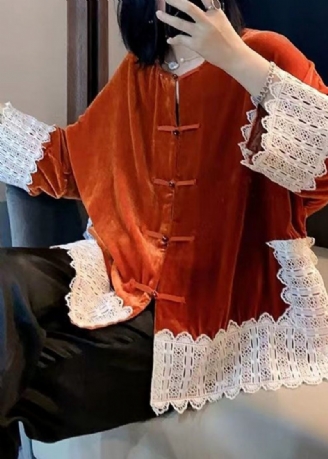 Kvinder Orange Lace Patchwork Silke Velour Frakker Langærmet