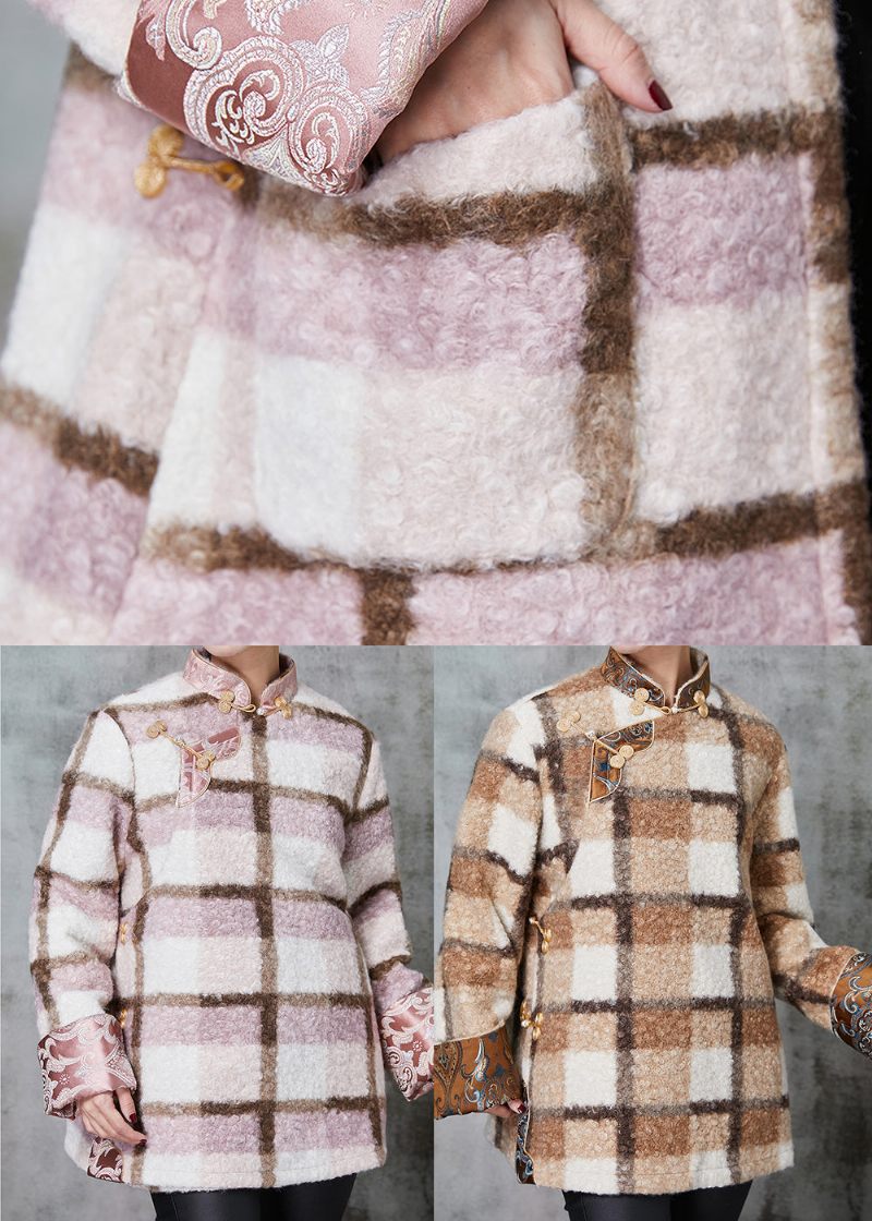 Kvinder Pink Plaid Fin Bomuld Fyldt Ulden Kinesisk Stil Frakker Spring - Dame vinterfrakker