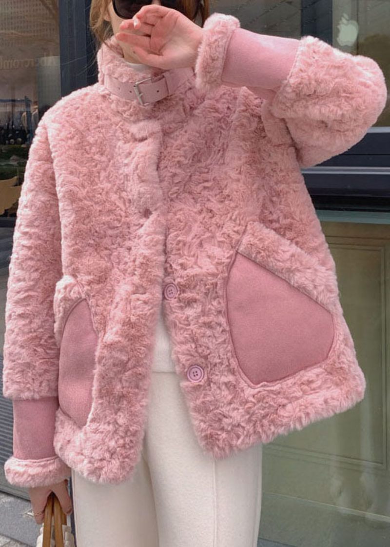 Kvinder Pink Stand Krave Lommer Faux Fur Vinterfrakker