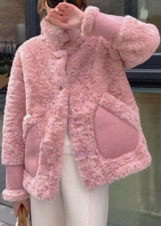 Kvinder Pink Stand Krave Lommer Faux Fur Vinterfrakker