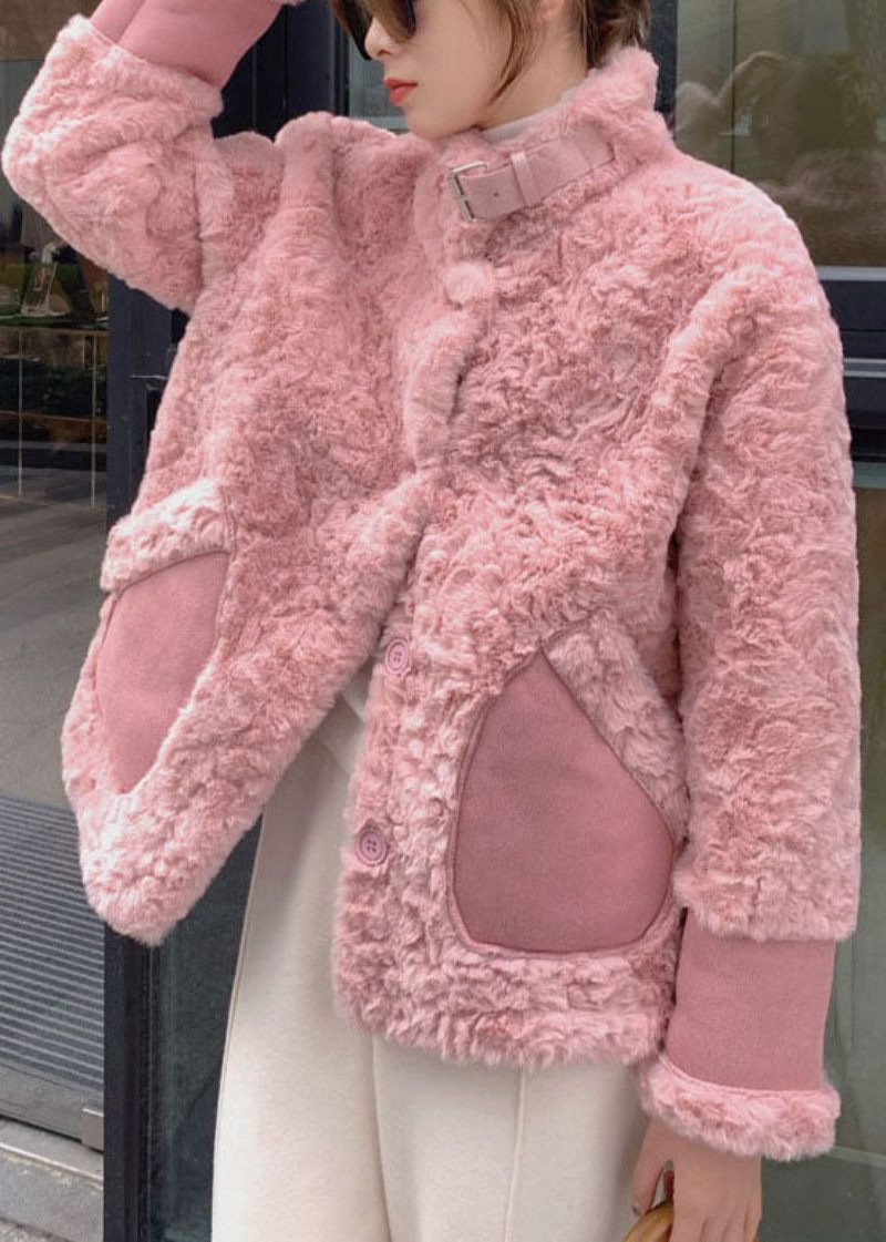 Kvinder Pink Stand Krave Lommer Faux Fur Vinterfrakker - Pink