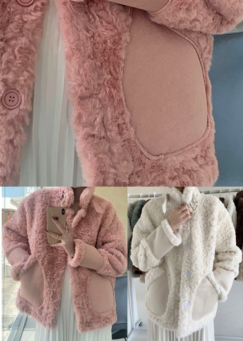 Kvinder Pink Stand Krave Lommer Faux Fur Vinterfrakker - Pink